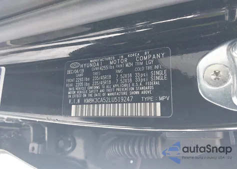 2020 Hyundai Kona Limited z USA, uszkodzony, nr VIN KM8K3CA52LU519247